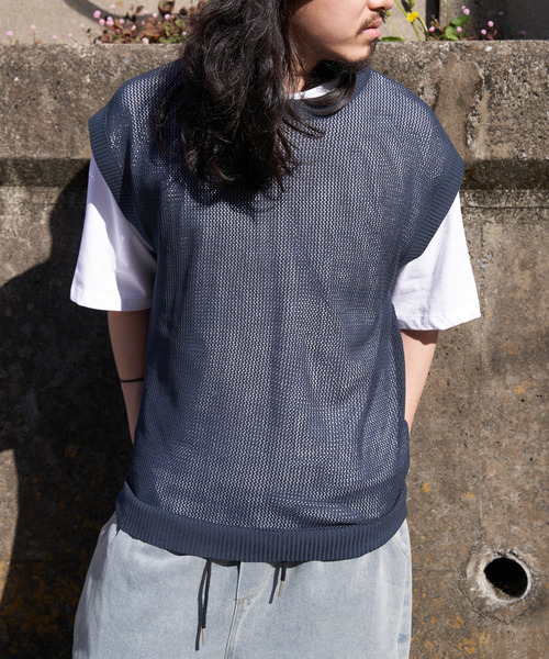 VENCEEXCHANGE（ヴァンスエクスチェンジ）の「【2点セット】メッシュニットベストアンサンブルTシャツ（Tシャツ/カットソー・メンズ・ライム/グリーン/ブルー系/グレー/ブラック・M/L）」の16枚目の写真