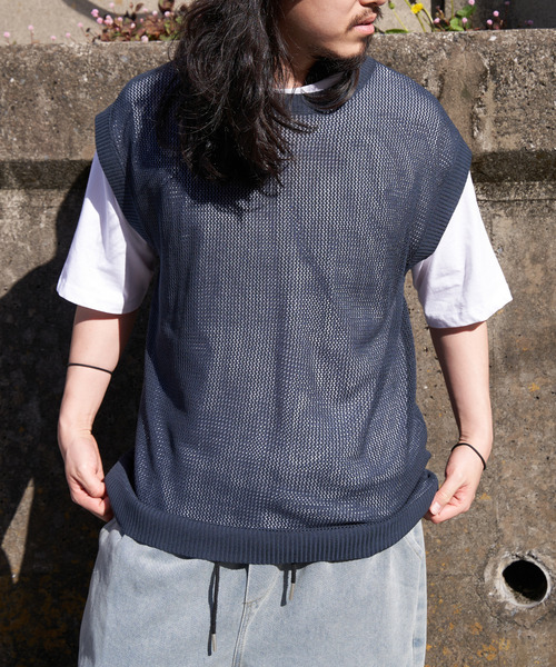 VENCEEXCHANGE（ヴァンスエクスチェンジ）の「【2点セット】メッシュニットベストアンサンブルTシャツ（Tシャツ/カットソー・メンズ・ライム/グリーン/ブルー系/グレー/ブラック・M/L）」の17枚目の写真