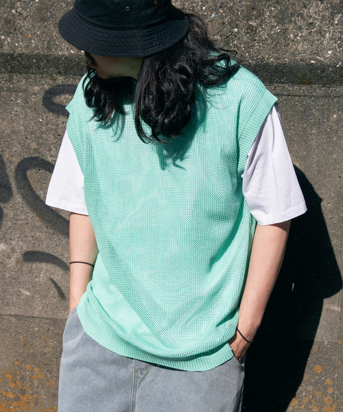 VENCEEXCHANGE（ヴァンスエクスチェンジ）の「【2点セット】メッシュニットベストアンサンブルTシャツ（Tシャツ/カットソー・メンズ・ライム/グリーン/ブルー系/グレー/ブラック・M/L）」の19枚目の写真