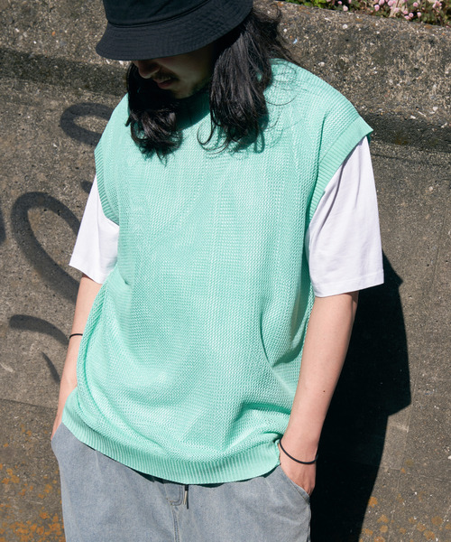VENCEEXCHANGE（ヴァンスエクスチェンジ）の「【2点セット】メッシュニットベストアンサンブルTシャツ（Tシャツ/カットソー・メンズ・ライム/グリーン/ブルー系/グレー/ブラック・M/L）」の21枚目の写真