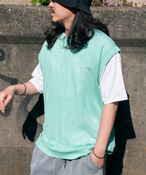 VENCEEXCHANGE（ヴァンスエクスチェンジ）の「【2点セット】メッシュニットベストアンサンブルTシャツ（Tシャツ/カットソー・メンズ・ライム/グリーン/ブルー系/グレー/ブラック・M/L）」の22枚目の写真