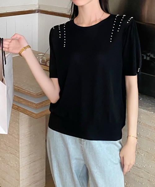 Achic（アシック）の「パール付き半袖ニットトップス（ニット/セーター・レディース・アイボリー/ブラック/ホワイト/ブルー・M）」の3枚目の写真