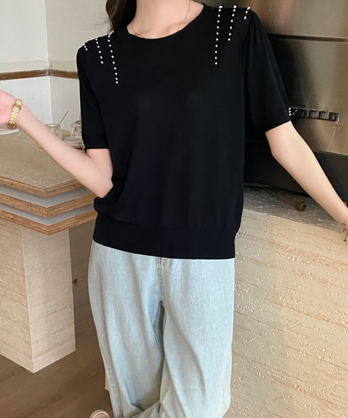 Achic（アシック）の「パール付き半袖ニットトップス（ニット/セーター・レディース・アイボリー/ブラック/ホワイト/ブルー・M）」の10枚目の写真