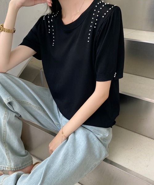 Achic（アシック）の「パール付き半袖ニットトップス（ニット/セーター・レディース・アイボリー/ブラック/ホワイト/ブルー・M）」の13枚目の写真