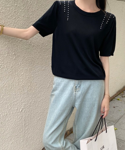 Achic（アシック）の「パール付き半袖ニットトップス（ニット/セーター・レディース・アイボリー/ブラック/ホワイト/ブルー・M）」の14枚目の写真