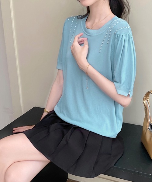 Achic（アシック）の「パール付き半袖ニットトップス（ニット/セーター・レディース・アイボリー/ブラック/ホワイト/ブルー・M）」の16枚目の写真
