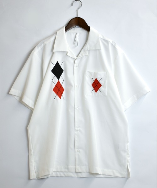 【セール】argyle embroidery open collar shirt/アーガイル刺繍 半袖 オープンカラーシャツ（シャツ/ブラウス）｜Starting Over（スターティングオーバー）