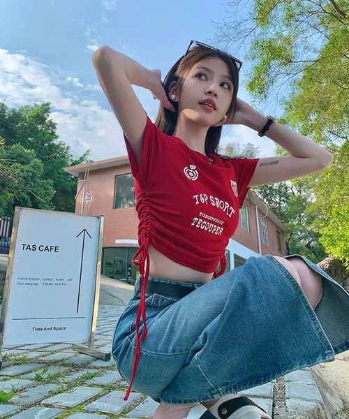 shopnikoniko(ショップニコニコ)の「ゲームTシャツ 半袖 ブロークコア Tシャツ ショート丈 袖ライン スポーツ ユニフォーム ゲームシャツ(Tシャツ/カットソー・レディース・ブラック/レッド・フリー)」の22枚目の写真