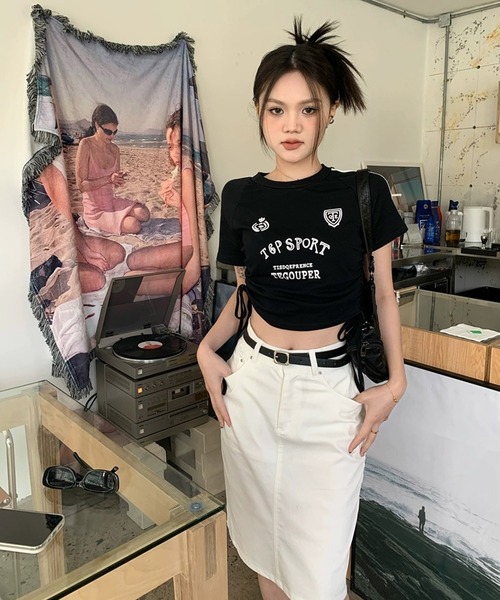 shopnikoniko(ショップニコニコ)の「ゲームTシャツ 半袖 ブロークコア Tシャツ ショート丈 袖ライン スポーツ ユニフォーム ゲームシャツ(Tシャツ/カットソー・レディース・ブラック/レッド・フリー)」の7枚目の写真