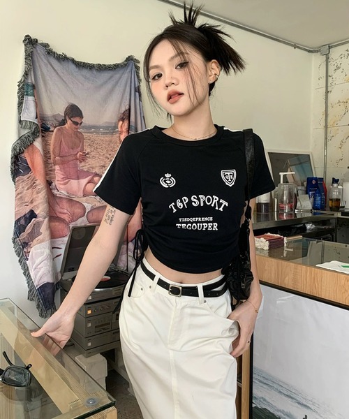 shopnikoniko(ショップニコニコ)の「ゲームTシャツ 半袖 ブロークコア Tシャツ ショート丈 袖ライン スポーツ ユニフォーム ゲームシャツ(Tシャツ/カットソー・レディース・ブラック/レッド・フリー)」の6枚目の写真