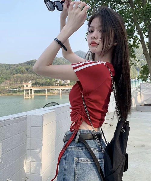 shopnikoniko(ショップニコニコ)の「ゲームTシャツ 半袖 ブロークコア Tシャツ ショート丈 袖ライン スポーツ ユニフォーム ゲームシャツ(Tシャツ/カットソー・レディース・ブラック/レッド・フリー)」の20枚目の写真