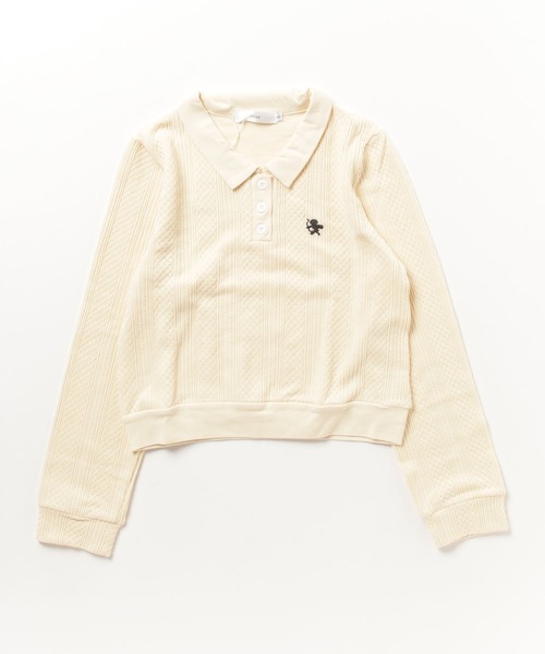 Chick(チック)の「POLO KNIT /長袖ニットポロ ショート丈 ワンポイント刺繍(ポロシャツ・レディース・クリーム/ブラック/ネイビー/ライトブルー・S/M)」の1枚目の写真