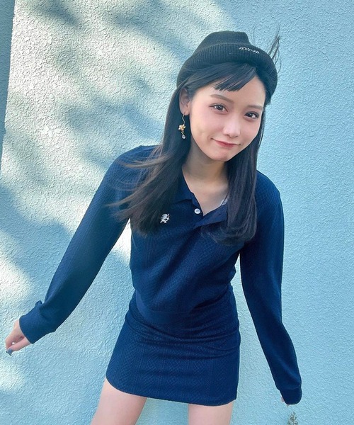 Chick(チック)の「POLO KNIT /長袖ニットポロ ショート丈 ワンポイント刺繍(ポロシャツ・レディース・クリーム/ブラック/ネイビー/ライトブルー・S/M)」の7枚目の写真