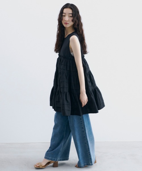 【美品】PERNA ペルナ ティアードチュニックワンピース ブラック PERNA（ペルナ）の「ティアードチュニックワンピース