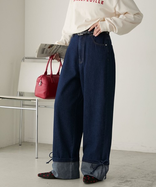 BONLECILL(ボンルシール)の「ターンバックリボンセミワイドデニムパンツ(デニムパンツ・レディース・ブラック/ネイビー・S/M/L)」の11枚目の写真