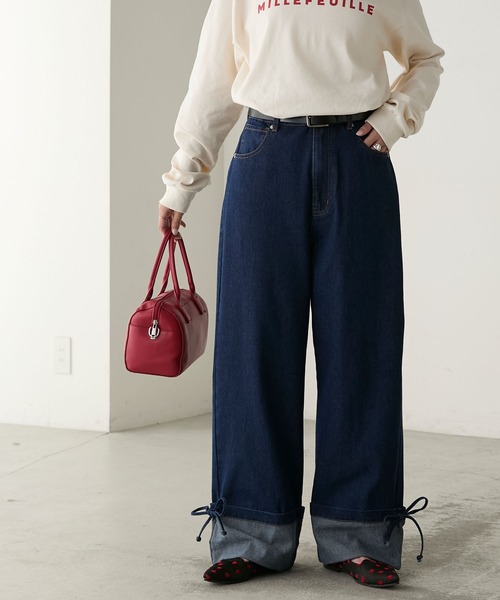 BONLECILL(ボンルシール)の「ターンバックリボンセミワイドデニムパンツ(デニムパンツ・レディース・ブラック/ネイビー・S/M/L)」の12枚目の写真