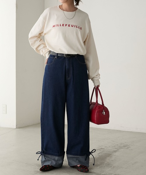 BONLECILL(ボンルシール)の「ターンバックリボンセミワイドデニムパンツ(デニムパンツ・レディース・ブラック/ネイビー・S/M/L)」の15枚目の写真