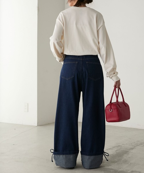 BONLECILL(ボンルシール)の「ターンバックリボンセミワイドデニムパンツ(デニムパンツ・レディース・ブラック/ネイビー・S/M/L)」の16枚目の写真