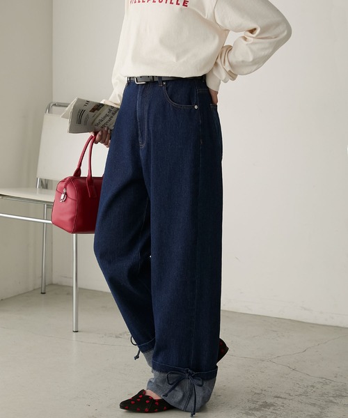 ターンバックリボンセミワイドデニムパンツ（デニムパンツ