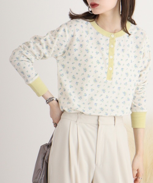 JEMORGAN(ジェーイーモーガン)の「JEMORGAN ワッフル花柄クレリックヘンリー L/S-T(パック)(Tシャツ/カットソー・レディース・ピンク/ストライプ/ラベンダー/ブルー・F)」の1枚目の写真