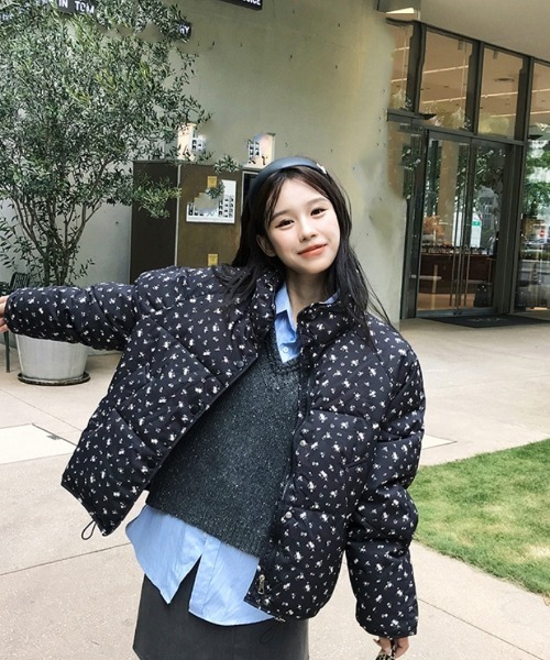 セール】小花柄 スタンドカラー エコダウンジャケット（ダウン