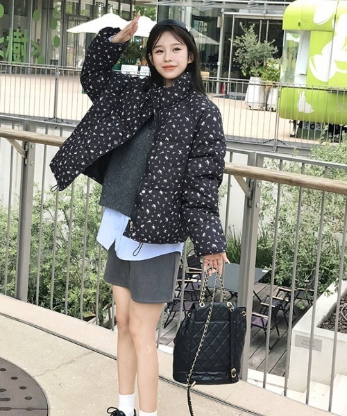 セール】小花柄 スタンドカラー エコダウンジャケット（ダウン