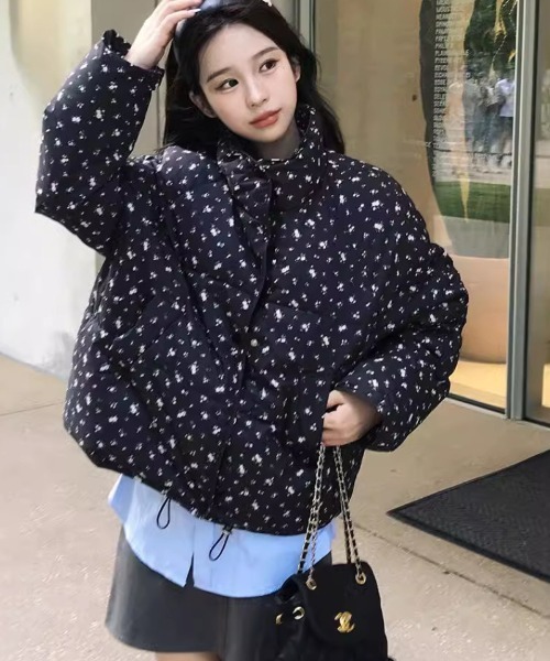 セール】小花柄 スタンドカラー エコダウンジャケット（ダウン