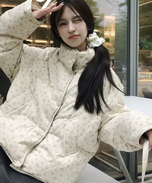 セール】小花柄 スタンドカラー エコダウンジャケット（ダウン