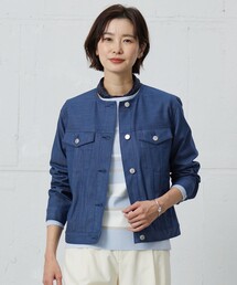 【洗える】セルロースシャンブレー ノーカラー デニム ジャケット