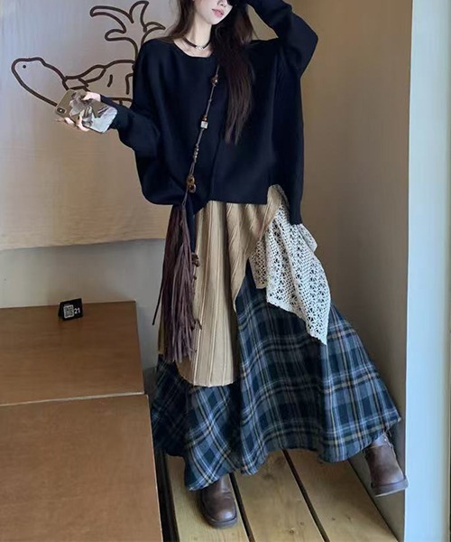 チェックスカートレイヤード　古着 セール】【jiasecond.】チェック柄シアーレイヤードタイト