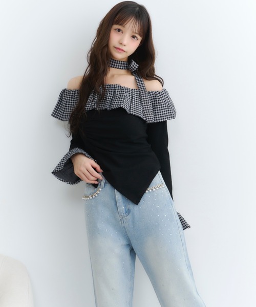 赤ニット　ビジュー付きデニムパンツ 赤ニットビジュー付きデニムパンツ
