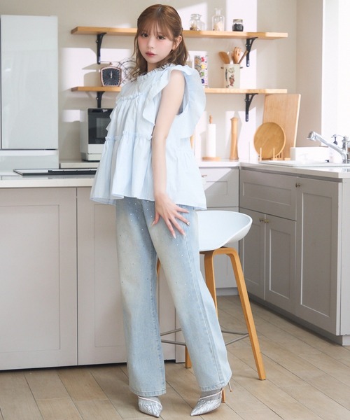 赤ニット　ビジュー付きデニムパンツ Amazon | [KINUNTOP] レディース パンツ レディースデニムパンツ