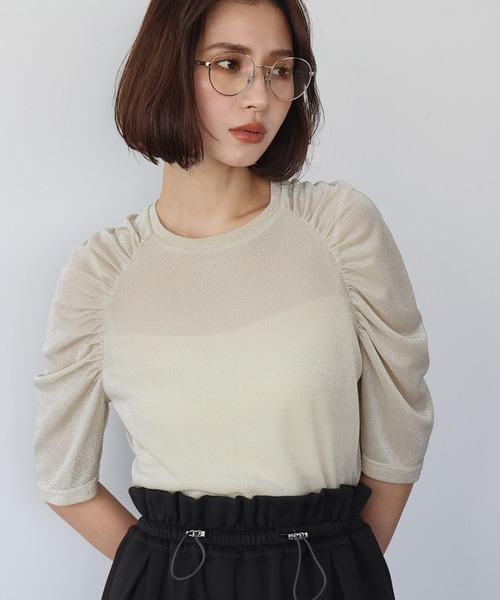 ELFRANK(エルフランク)の「ギャザースリーブラメカットソー(Tシャツ/カットソー・レディース・ブラック系/アイボリー系/ブラック・FREE)」の3枚目の写真