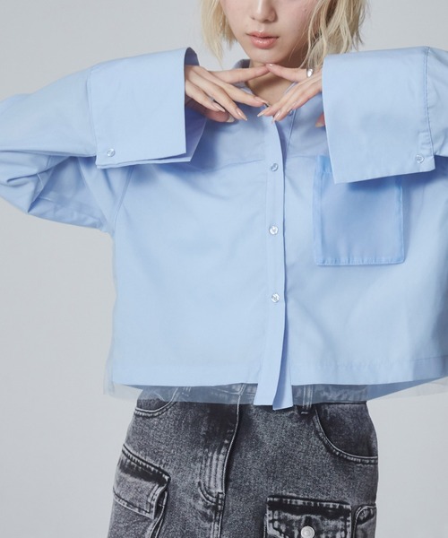 ENVYM(アンビー)の「チュールドッキングショートシャツ(シャツ/ブラウス・レディース・ブルー/ホワイト系その他/ホワイト/ブルー系その他・FREE)」の1枚目の写真