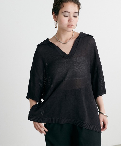 LARUTA(ラルータ)の「【LARUTA】スキッパー半袖ニットプルオーバー(ニット/セーター・レディース・モカ/チャコールグレー/ピンク/アイボリー・FREE)」の3枚目の写真