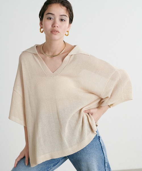 OUUR スキッパーニット　半袖　ニット　コットン OUUR スキッパーニット半袖ニットコットン