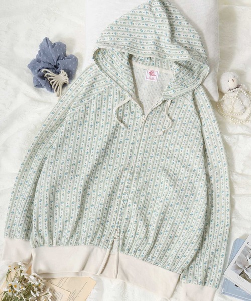 JEMORGAN（ジェーイーモーガン）の「JEMORGAN（ジェーイーモーガン）フラワープリント 小花柄ワッフルサーマル ダブルジップアップパーカー レディース（パーカー・レディース・ピンク系その他/パープル系その他2/ホワイト系その他/パープル系その他/ブルー系その他/ブルー系その他2・FREE）」の3枚目の写真