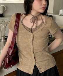 VQ | Slub Yarn Fake Layers Short sleeveT / スラブ糸 フェイクレイヤード 半袖プルオーバー / インナーにホルターネックを着た様なレイヤードが可愛い半袖カーデ。(Tシャツ/カットソー)