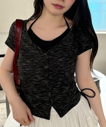 Slub Yarn Fake Layers Short sleeveT / スラブ糸 フェイクレイヤード 半袖プルオーバー / インナーにホルターネックを着た様なレイヤードが可愛い半袖カーデ。