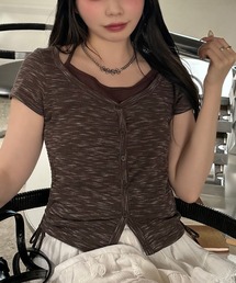 Slub Yarn Fake Layers Short sleeveT / スラブ糸 フェイクレイヤード 半袖プルオーバー / インナーにホルターネックを着た様なレイヤードが可愛い半袖カーデ。