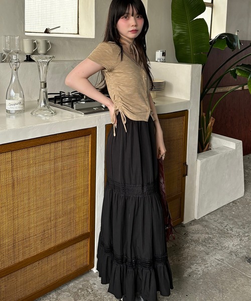 VQ（ブイキュー）の「Slub Yarn Fake Layers Short sleeveT / スラブ糸 フェイクレイヤード 半袖プルオーバー / インナーにホルターネックを着た様なレイヤードが可愛い半袖カーデ。（Tシャツ/カットソー・レディース・ブラック/モカ/ベージュ・FREE）」の18枚目の写真