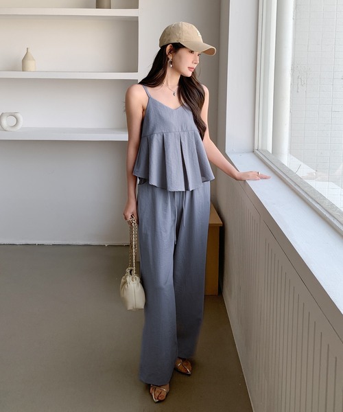 セール】【プリーツペプラムキャミ×パンツ セットアップ】リネンタッチ