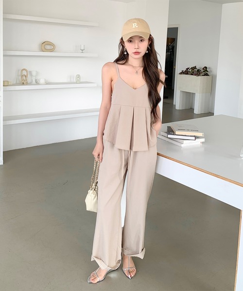 セール】【プリーツペプラムキャミ×パンツ セットアップ】リネンタッチ