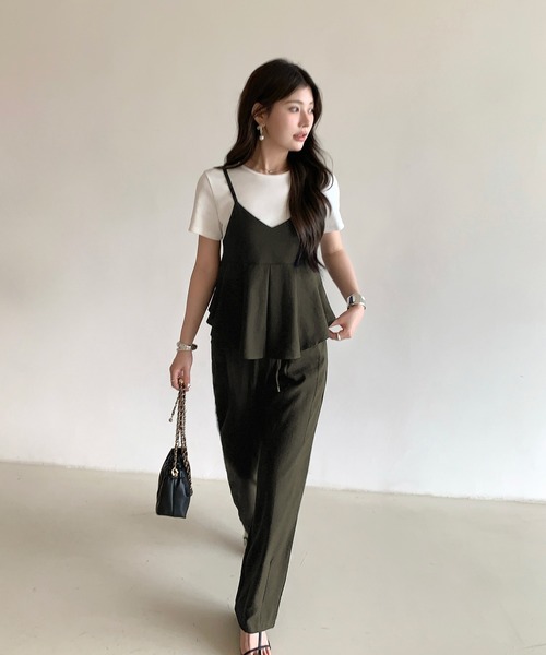 セール】【プリーツペプラムキャミ×パンツ セットアップ】リネンタッチ セール】【プリーツペプラムキャミ×パンツ セットアップ】リネンタッチ