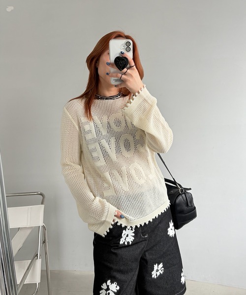 大人気新品  セール】ボートネック レタリング クロシェニットトップス トップス