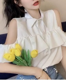 ampm（エーエムピーエム）の「肩出しショート丈バックラップデザインシャツ（シャツ/ブラウス）」