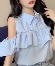 ampm（エーエムピーエム）の「肩出しショート丈バックラップデザインシャツ（シャツ/ブラウス）」