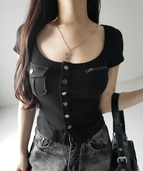 me+em select(ミームセレクト)の「アウトポケットスクエアネックスリムTシャツ /Out pocket square neck slim T-shirt(Tシャツ/カットソー・レディース・ブラック/グレー/ホワイト・FREE)」の15枚目の写真