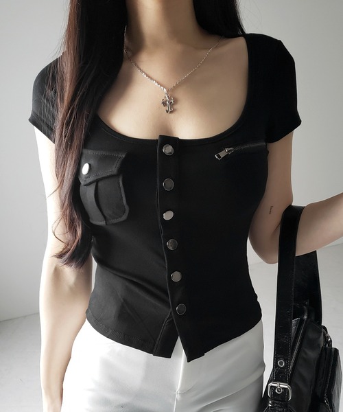 me+em select(ミームセレクト)の「アウトポケットスクエアネックスリムTシャツ /Out pocket square neck slim T-shirt(Tシャツ/カットソー・レディース・ブラック/グレー/ホワイト・FREE)」の19枚目の写真