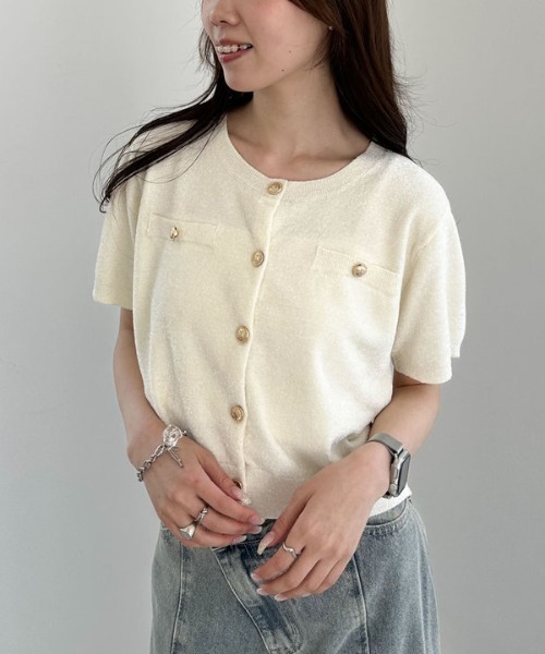 archives（アルシーヴ）の「ハーフスリーブ金ボタンニットカーディガン（カーディガン/ボレロ・レディース・ネイビー/イエロー/チャコールグレー/アイボリー・MEDIUM）」の3枚目の写真